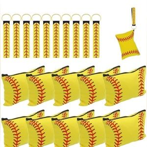 10Pcs Cosmetic Bag Canvas Zipper w/ 10Pcs Keychain.  Softball theme,8.5 x 5.3 in